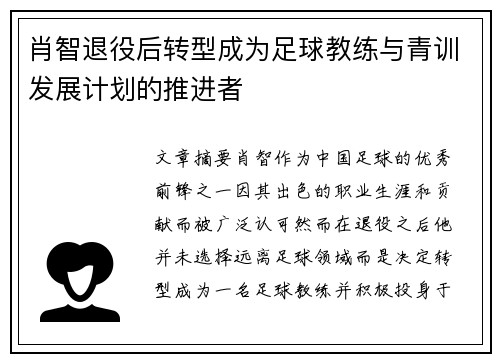 肖智退役后转型成为足球教练与青训发展计划的推进者 肖智退役后转型成为足球教练与青训发展计划的推进者